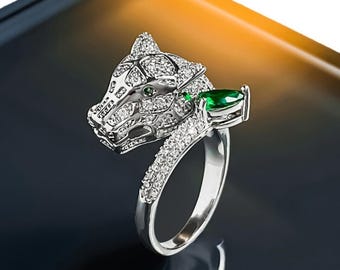 Emerald Panther Ring - Platinum Plated Statement Ring