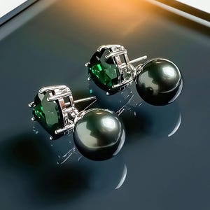 Tahitian Black Pearl Drop Earrings – Emerald and Ruby Crystal Studs