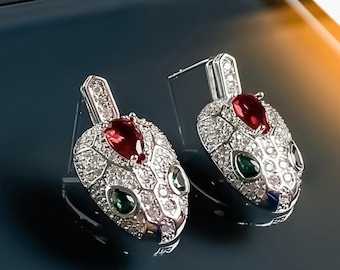 Serpent Earrings – Platinum-Plated Serpent Statement Earring with Ruby and Emerald Crystals