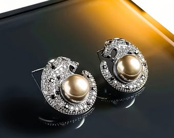 Panther Pearl Earrings – Platinum-Plated Statement Earring with Champagne Pearls