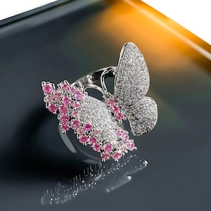 Rose Quartz Butterfly Ring – Pink Crystal Butterfly Jewelry with Diamond Accents