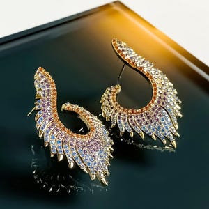 Angel Wing Earrings – 18k Gold-Plated Hoops with Aurora Crystal Gradient