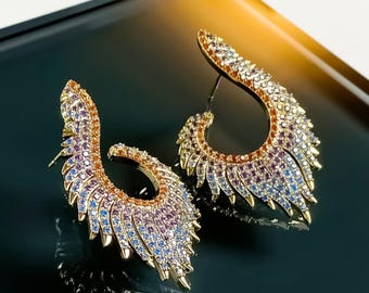 Angel Wing Earrings – Gold-Plated Hoops with Aurora Crystals