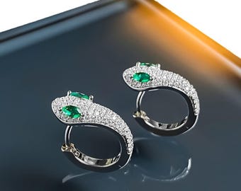 Serpent Earrings – Platinum-Plated Serpent Statement Earring with Emerald Eyes