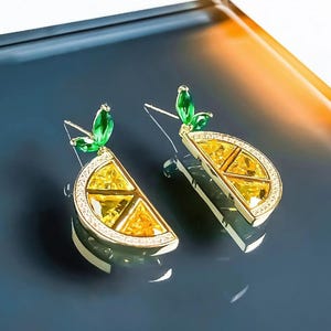 Lemon Slice Crystal Earrings - Artisan Lemon Quartz Crystal Fruit Earrings