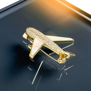 Collectible Golden Airplane Brooch – Mother-of-Pearl Aeroplane Pin with Crystal Pavé