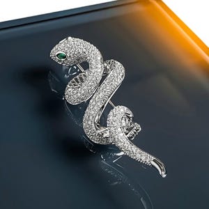 Serpent Brooch – Platinum-Plated Serpent Statement Pin with Crystals