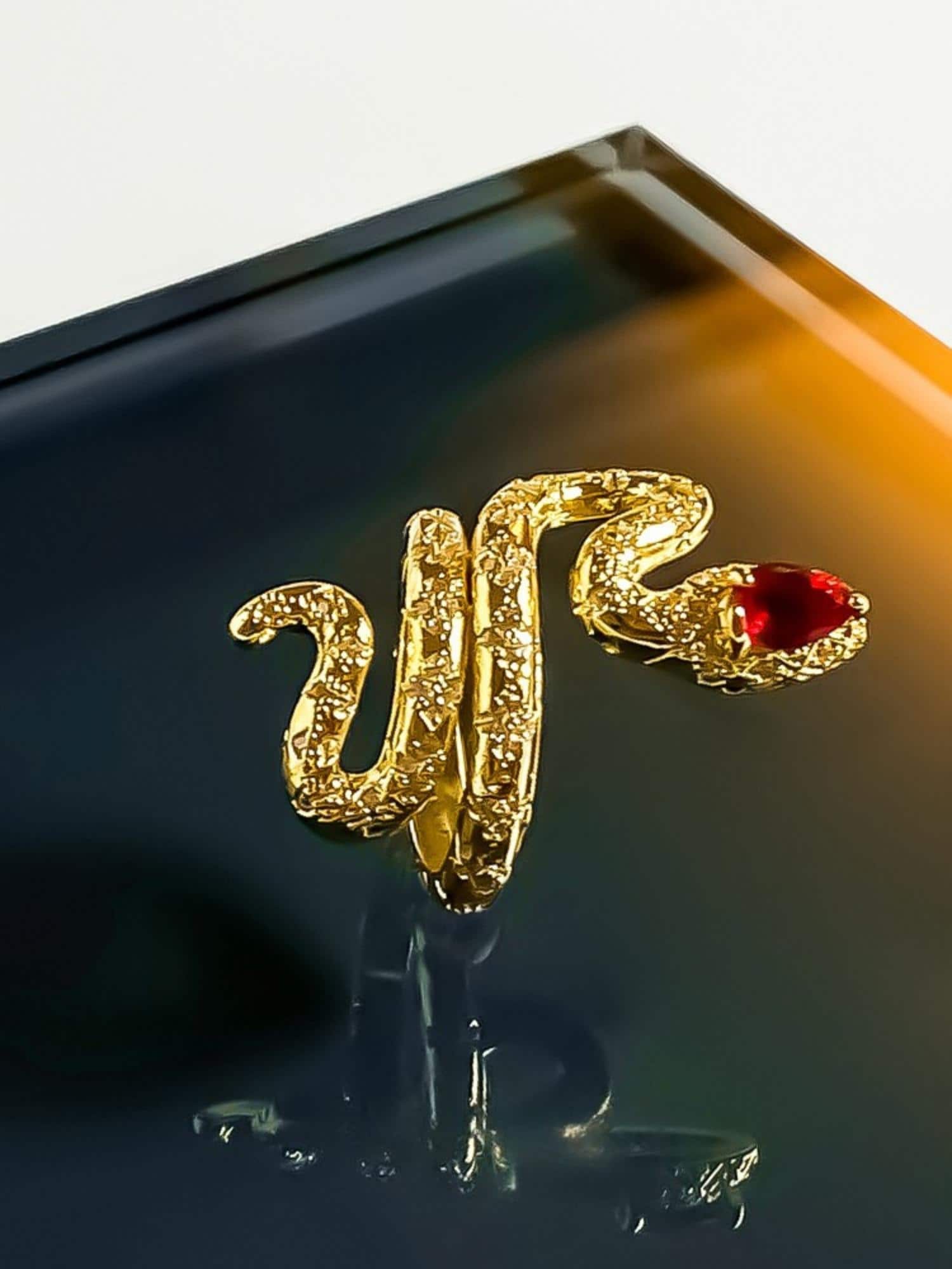 Golden Serpent Ring - Gilded Snake Ring with Ruby Crystal Accent