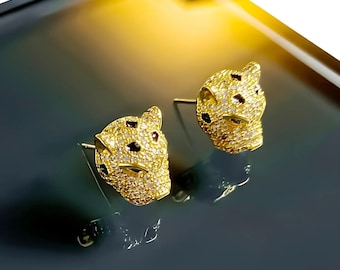 Panther Stud Earrings – Hand-Painted Enamel, Pave Crystal, Sterling Silver Posts