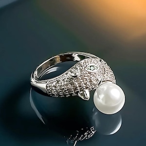 Bague tendance panthère avec perle – Bijoux de luxe minimalistes | Bague à cocktail Big Cat audacieuse