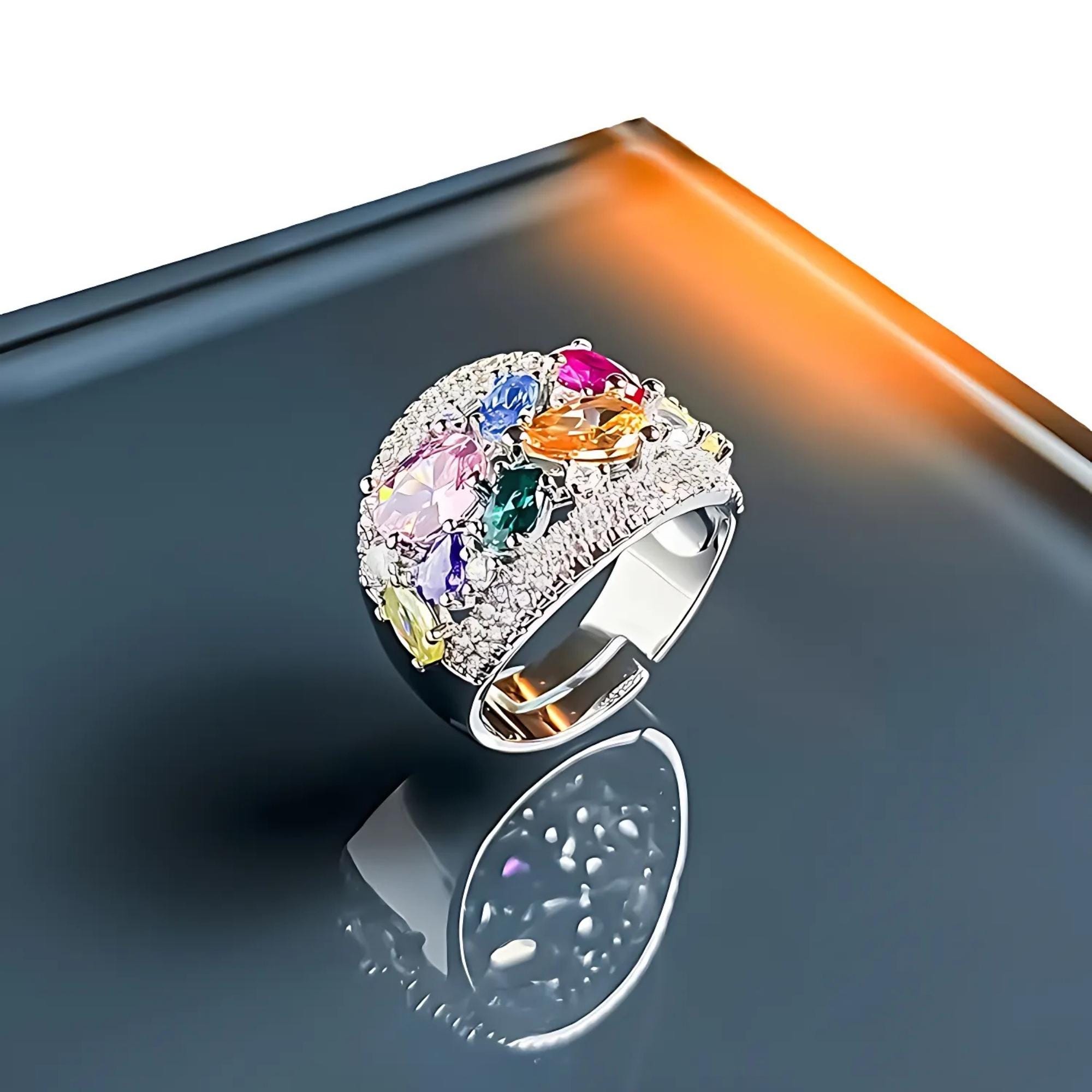 Prism Bold Ring – Wide-Band Multicolor Crystal Statement Ring with Cluster Detail