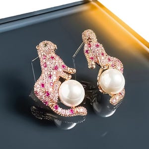 Pink Panther Crystal Earrings with Pearl – Minimal Luxury Big Cat Jewelry