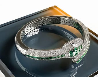 Emerald Serpent Bracelet – Platinum-Plated Serpent Cuff with Emerald Crystals