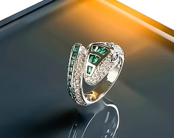 Emerald Serpent Statement Ring – Platinum-Plated Jewelry with Emerald Crystals