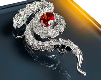 Serpent Brooch - Platinum-Plated Serpent Jewelry with Dragon Blood Garnet Crystal
