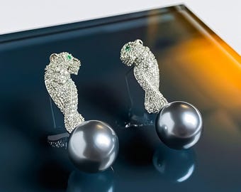 Panther with Pearl Earrings – Platinum-Plated Panther Statement Jewelry