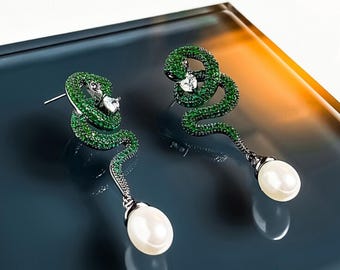 Serpent Pearl Earrings – Black Rhodium Plated Brass, Sterling Silver Posts