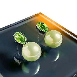 Green Crystal Pearl Drop Earrings – Peridot Dangle Earrings with Green Crystal Pearls