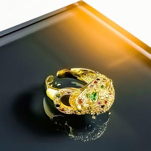 Golden Panther Ring - Gold Plated Statement Ring with Multicolor Stones | Luxury Big Cat Jewelry