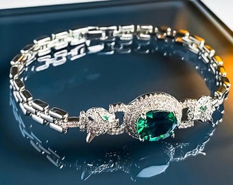Emerald Crystal Panther Link Bracelet - Vintage Platinum Pave Jaguar Head Tennis Bracelet