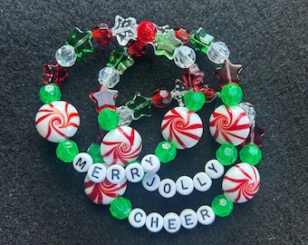 Pulsera de la amistad navideña con cuentas de vidrio en forma de bastón de caramelo