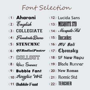 K&ouml;nnte beinhalten: Hellgraue Grafik mit dem Schriftzug "Font Selection" in Schreibschrift. Darunter eine Liste von 22 Schriftarten, jede mit einer Nummer versehen. Zu den Schriftarten geh&ouml;ren "Aharoni", "English", "Collegiate" und "Teacher".