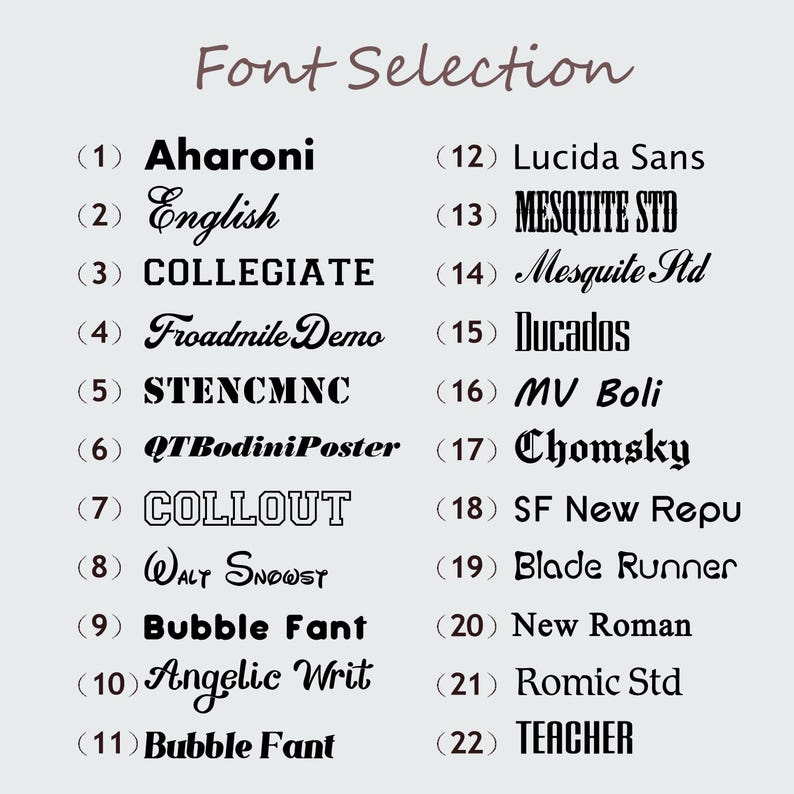 K&ouml;nnte beinhalten: Hellgraue Grafik mit dem Schriftzug "Font Selection" in Schreibschrift. Darunter eine Liste von 22 Schriftarten, jede mit einer Nummer versehen. Zu den Schriftarten geh&ouml;ren "Aharoni", "English", "Collegiate" und "Teacher".