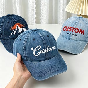 Geborduurde aangepaste denim hoed, gewassen denim honkbal, hoed unisex, bruidegom hoeden vrijgezellenfeest hoed club cadeau vader pet aangepaste hoed, aangepaste tekst logo