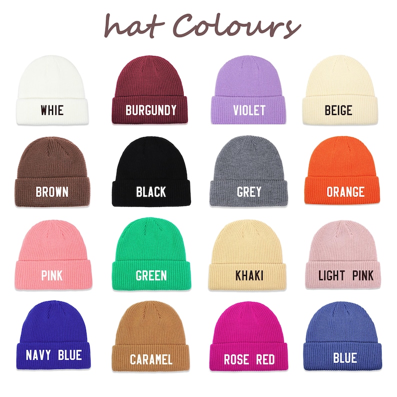 May include: A grid of sixteen beanies in various colors, including white, burgundy, violet, beige, brown, black, grey, orange, pink, green, khaki, light pink, navy blue, caramel, rose red, and blue. Each beanie has its color name printed in white.
