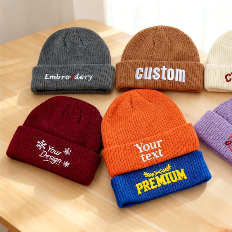 May include: A collection of knitted beanies in various colors, including gray, brown, burgundy, orange, and blue. Each beanie features embroidered text such as "Embroidery", "Custom", "Your Design", "Your text", and "Premium".