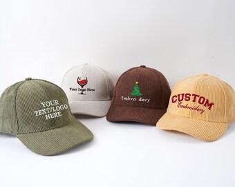 Gorro de pana bordado personalizado, gorro con texto bordado personalizado, gorra de béisbol de pana hecha a mano para hombre y mujer, gorro de invierno cálido personalizado
