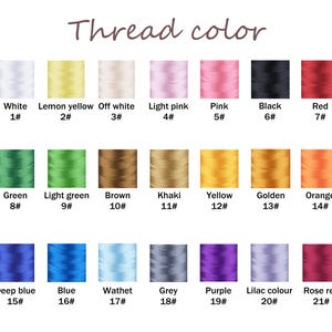 K&ouml;nnte beinhalten: Eine Farbkarte mit Garnfarben, Namen und Nummern. Zu den Farben geh&ouml;ren Wei&szlig;, Gelb, Rosa, Schwarz, Rot, Gr&uuml;n, Braun, Khaki und mehr. Der Text "Thread color" steht oben.