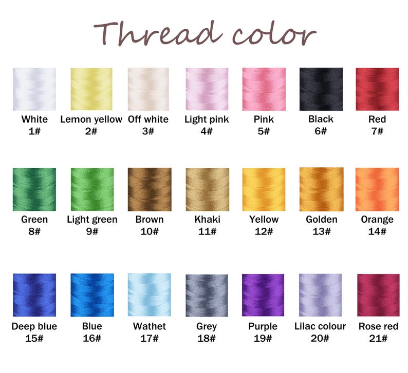 K&ouml;nnte beinhalten: Eine Farbkarte mit Garnfarben, Namen und Nummern. Zu den Farben geh&ouml;ren Wei&szlig;, Gelb, Rosa, Schwarz, Rot, Gr&uuml;n, Braun, Khaki und mehr. Der Text "Thread color" steht oben.