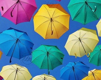 Fun Colorful Whimsical Prints, Nursery Decor, Bright Colored Umbrellas, Bathroom Art Prints