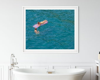 Swimming Unframed Art Prints, Pool House Ocean Prints, Pool House Art Print, Serenity at Amalfi Coast, Coastal Beach Bathroom Wall Decor