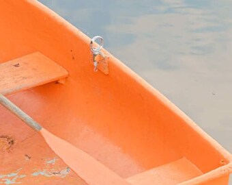 Nautical Boat Decor, Rowboat Photography, Lakeside Home Wall Art Decor,, Orange Blue, Coastal Large Wall Art Prints, Bedroom Living Room Art