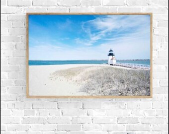 Nantucket Photography Art Print, Coastal Beach Cottage, Nantucket Brant Point Lighthouse, Blue Cream White, Beach Nautical Decor