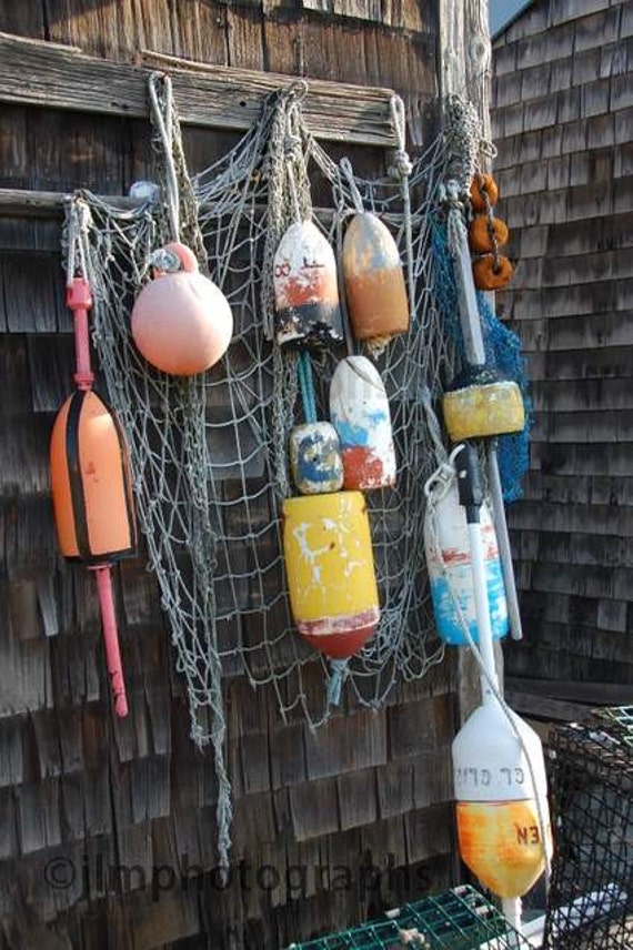 Hanging Buoys Nautical Print, Colorful Fishing Decor, Fishing Nets