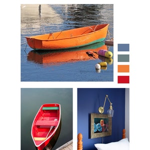 Nautical Boat Decor, Rowboat Photography, Lakeside Home Wall Art Decor,, Orange Blue, Coastal Large Wall Art Prints, Bedroom Living Room Art image 4