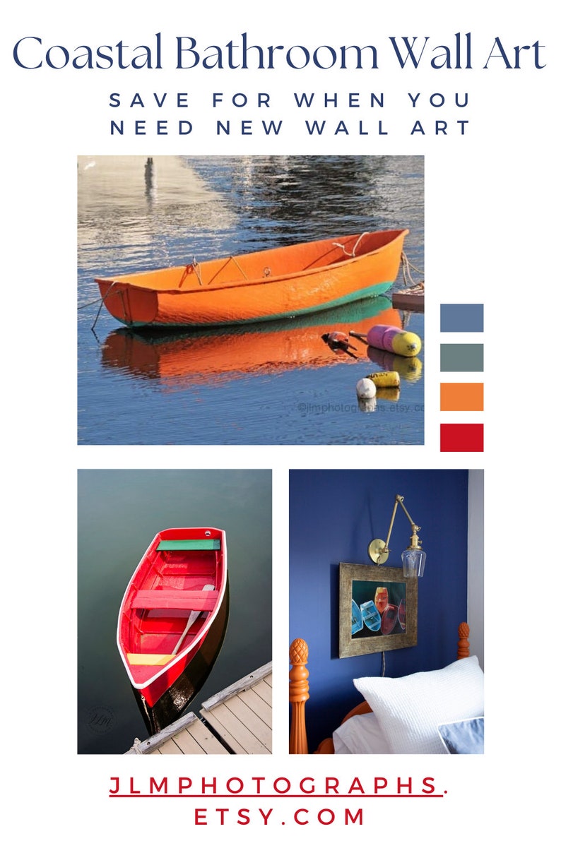 Nautical Boat Decor, Rowboat Photography, Lakeside Home Wall Art Decor,, Orange Blue, Coastal Large Wall Art Prints, Bedroom Living Room Art image 4