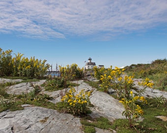 Newport Rhode Island, Rose Island Lighthouse Photography, Coastal Nautical New England Prints, Blue Yellow White, Large Wall Art, Beach