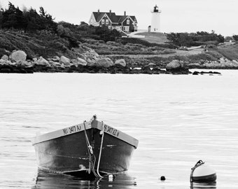 Nautical Decor, Rowboat Picture, Nobska Lighthouse, Black & White Cape Cod Art, 16 x 20 Unframed Ocean Prints, Coastal Massachusetts Artwork