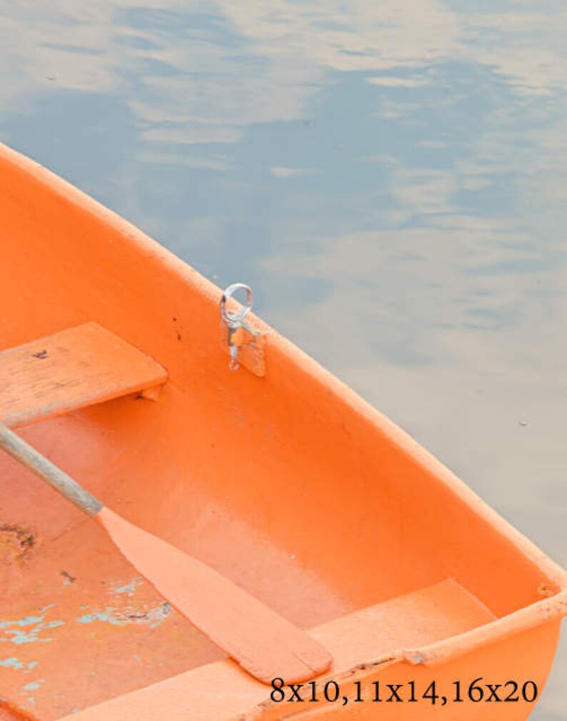 Nautical Boat Decor, Rowboat Photography, Lakeside Home Wall Art Decor,, Orange Blue, Coastal Large Wall Art Prints, Bedroom Living Room Art image 2