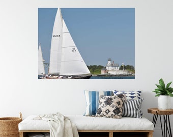 Sailing Photography, Rose Island Lighthouse, Newport Rhode Island, Sailboat Coastal Art, Home Decor, Guest Room, Master Bedroom