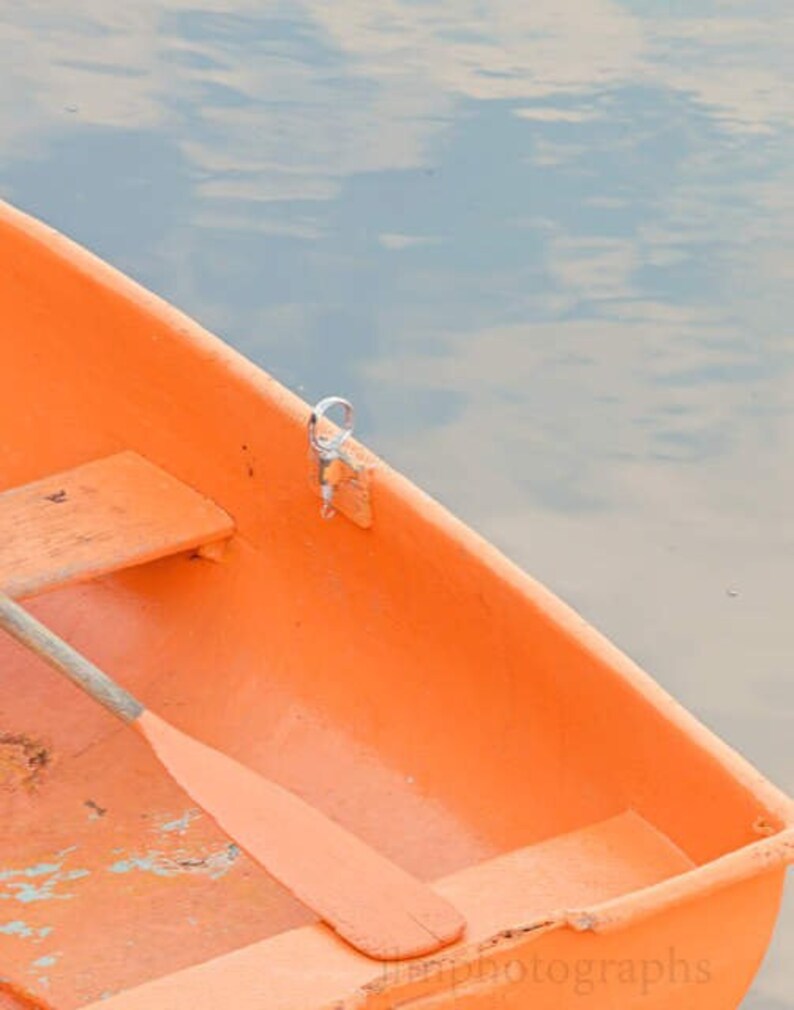 Nautical Boat Decor, Rowboat Photography, Lakeside Home Wall Art Decor,, Orange Blue, Coastal Large Wall Art Prints, Bedroom Living Room Art image 1