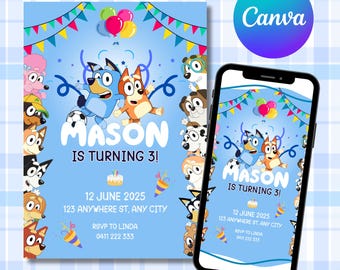 Bluey Geburtstagsfeiereinladung, Canva bearbeitbar, digitaler Download, Bluey Theme Boy's Invite, Video-Einladung