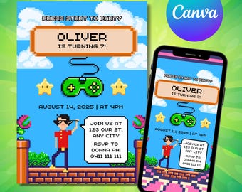 Super Mario Bros Nintendo Style Videospiel Geburtstagseinladung, Pixel Invite, digitaler Download, Canva bearbeitbar, animierte Videoeinladung