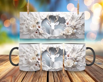 トナカイ 3D マグ ラップ バンドル 昇華 | 25 個のクリスマス マグ ラップ 昇華デザイン 11 オンス | コーヒー カップ テンプレート | クリスマス マグ PNG |