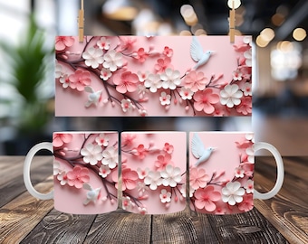 Pink Cherry Blossom | 3D Mug Wrap Bundle | Sublimation Mug Wrap | Mug Wrap Sublimation Design 11oz Coffee Cup Template | Movie Mug