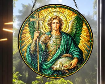 Archangel Raphael Stained Glass Suncatcher Window Hanging, Custom Name Suncatcher, Guardian Angel Decor
